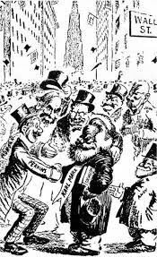 Cartoon by Robert Minor in St. Louis Post-Dispatch (1911). Karl Marx surrounded by an appreciative audience of wall street financiers: John D. Rockerfeller, J. P. Morgan, John D. Ryan of National City Bank, and Morgan Partner George W Perkins. Immediately behind Karl Marx is Teddy Rosevelt, Leader of the Progressive Party. Intro Wall Street and the Bolshevik Revolution, Arlington House Publishing 1974.  Image credit and caption: http://www.whale.to/c/karl_marx.html